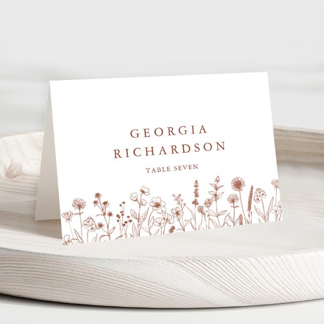 Terracotta Rustic Fall Wildflower Place Card (Terracotta Rustic Floral Fall Wildflower Wedding individual guest name place card. )