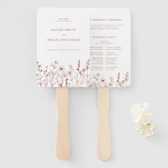 Terracotta Rustic Fall Wildflower Wedding Program Hand Fan (Front and Back)