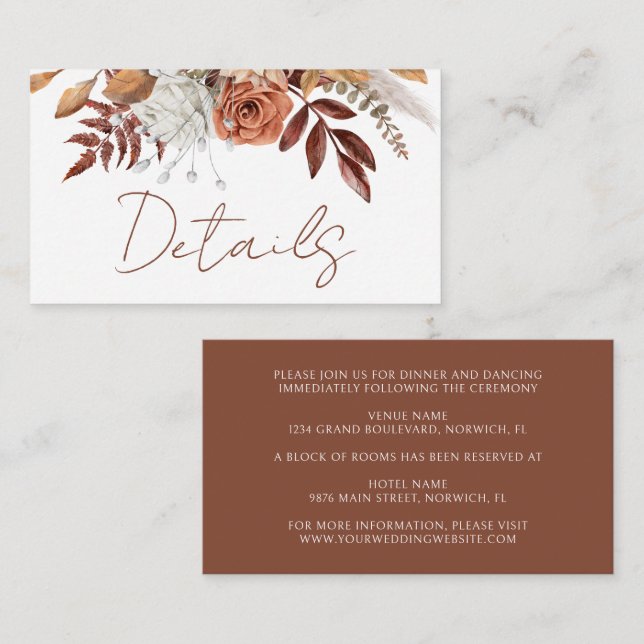 Terracotta Rustic Floral Boho Fall Wedding Details Enclosure Card (Front/Back)