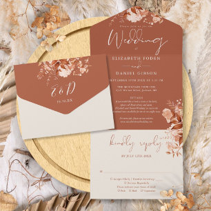Terracotta Rustic Floral Details RSVP Fall Wedding All In One Invitation