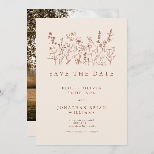 Terracotta Rustic Floral Fall Wildflower Photo Save The Date (Front/Back)