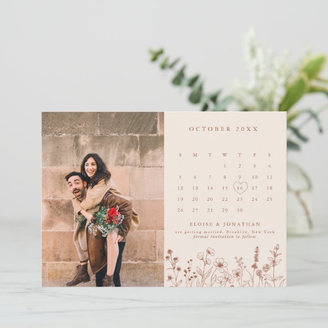 Terracotta Rustic Floral Fall Wildflower  Photo  Save The Date (Standing Front)