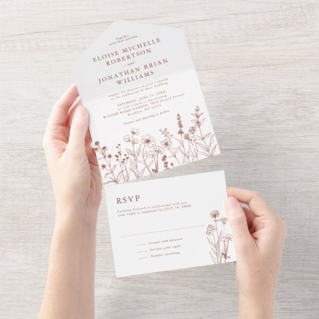 Terracotta Rustic Floral Fall Wildflower Wedding All In One Invitation (Tearaway)