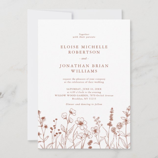 Terracotta Rustic Floral Fall Wildflower Wedding  Invitation (Front)