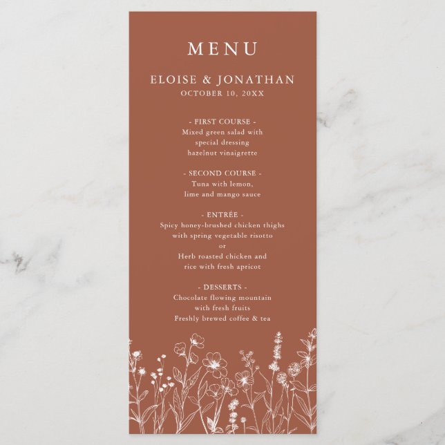 Terracotta Rustic Floral Fall Wildflower Wedding Menu (Front)