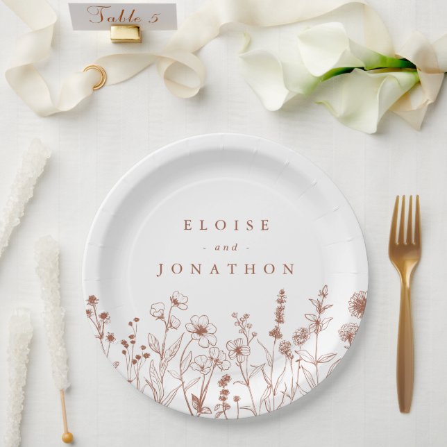 Terracotta Rustic Floral Fall Wildflower Wedding Paper Plate (Wedding)