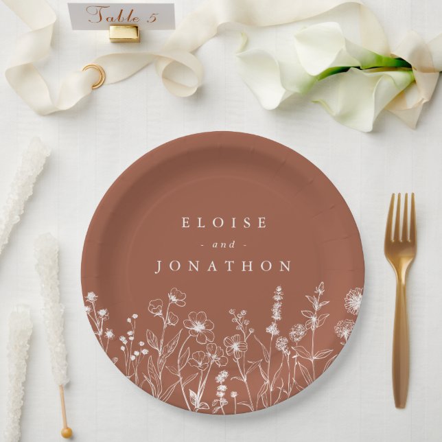 Terracotta Rustic Floral Fall Wildflower Wedding Paper Plate (Wedding)