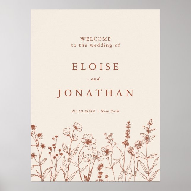 Terracotta Rustic Floral Fall Wildflower Wedding  Poster (Front)