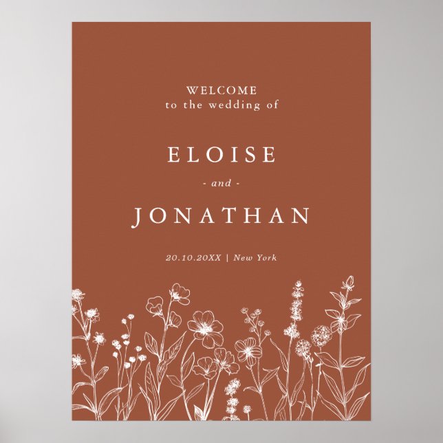 Terracotta Rustic Floral Fall Wildflower Wedding  Poster (Front)