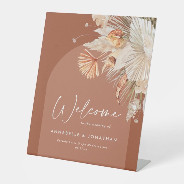 terracotta rustic foliage welcome to the wedding pedestal sign (Front)