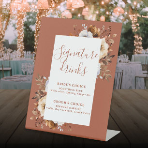 Terracotta Rustic Modern Floral Signature Drinks Pedestal Sign