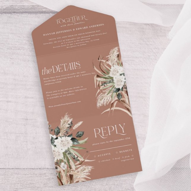 terracotta rustic pampas eucalyptus wedding all in one invitation (Creator Uploaded)