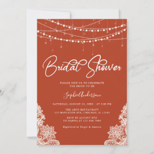 Terracotta Rustic String Lights Lace Bridal Shower Invitation