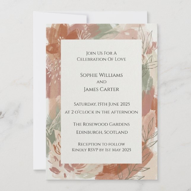 Terracotta & Sage Abstract Floral Invitation (Front)