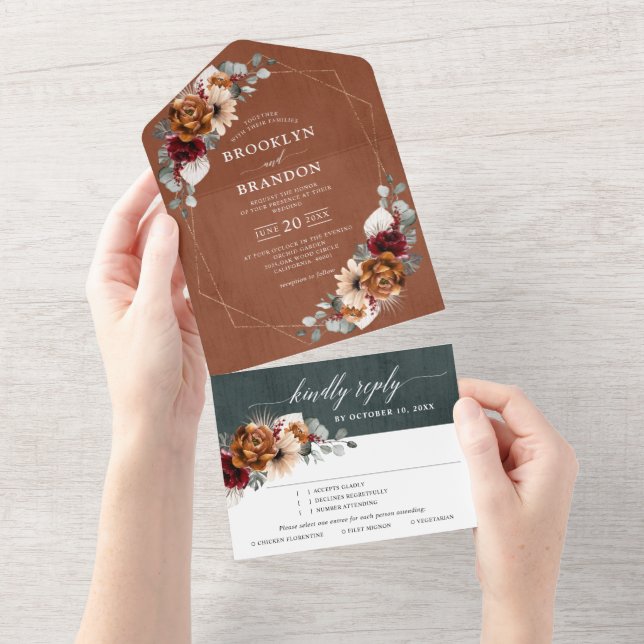 Terracotta Sage Burgundy Floral Geometric Wedding  All In One Invitation (Tearaway)