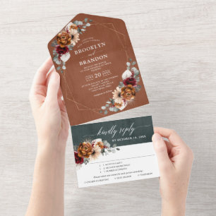 Terracotta Sage Burgundy Floral Geometric Wedding  All In One Invitation