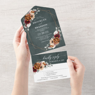 Terracotta Sage Burgundy Floral Geometric Wedding All In One Invitation