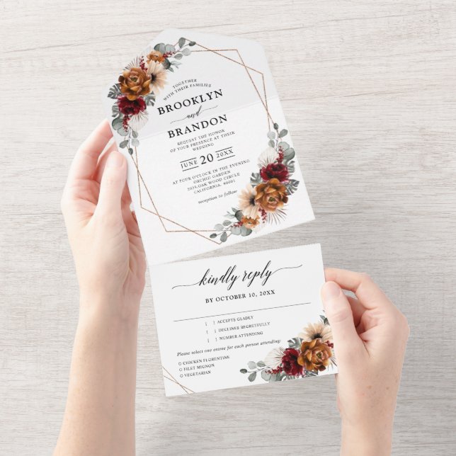 Terracotta Sage Burgundy Floral Geometric Wedding  All In One Invitation (Tearaway)