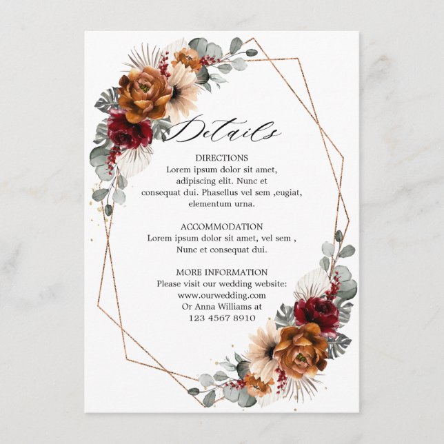 Terracotta Sage Burgundy Floral Geometric Wedding  Enclosure Card (Front)