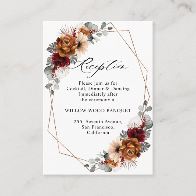 Terracotta Sage Burgundy Floral Geometric Wedding Enclosure Card (Front)