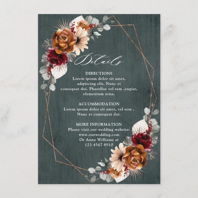 Terracotta Sage Burgundy Floral Geometric Wedding  Enclosure Card (Front)