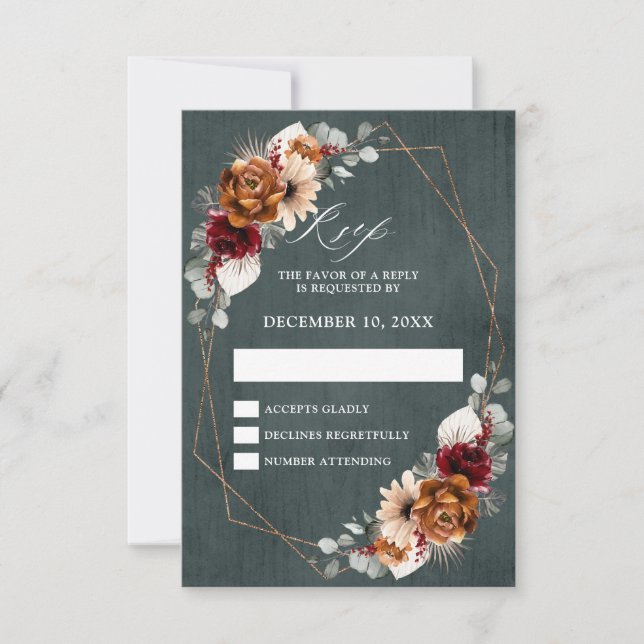Terracotta Sage Burgundy Floral Geometric Wedding  RSVP Card (Front)