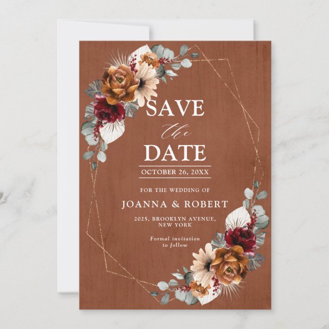 Terracotta Sage Burgundy Floral Geometric Wedding  Save The Date (Front)