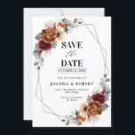 Terracotta Sage Burgundy Floral Geometric Wedding Save The Date<br><div class="desc">Elegant Red Burgundy,  Terracotta ,  Orange earthy floral theme wedding save the date card featuring elegant bouquet of Marsala,  Terracotta colour roses peonies  and sage green eucalyptus leaves. Please contact me for any help in customisation or if you need any other product with this design.</div>