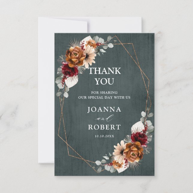 Terracotta Sage Burgundy Floral Geometric Wedding  Thank You Card (Front)
