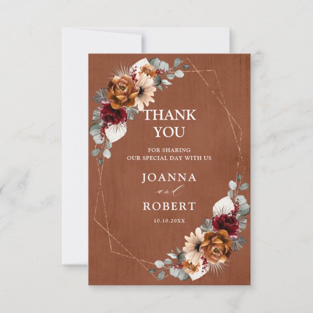 Terracotta Sage Burgundy Floral Geometric Wedding  Thank You Card (Front)