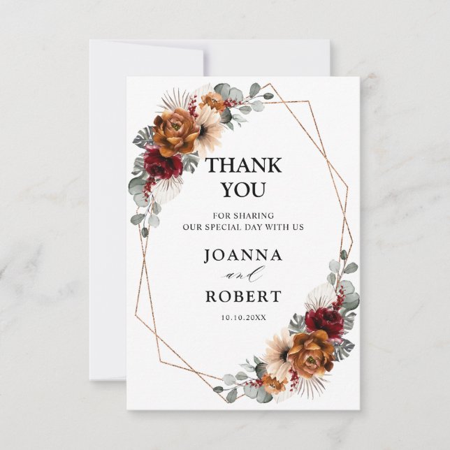 Terracotta Sage Burgundy Floral Geometric Wedding Thank You Card (Front)
