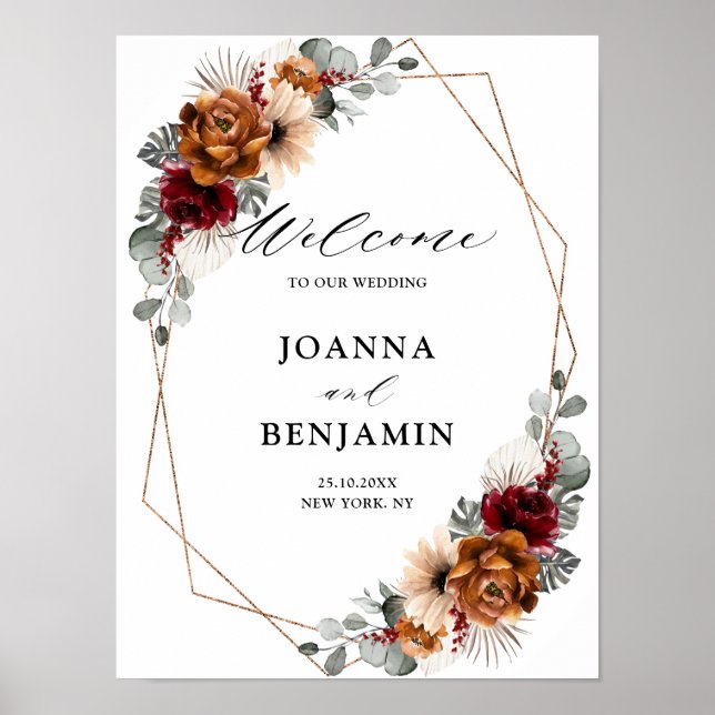 Terracotta Sage Burgundy Geometric Wedding Welcome Poster (Front)