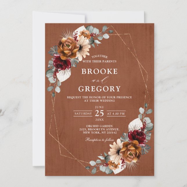 Terracotta Sage Burgundy Greenery Geometric Weddin Invitation (Front)