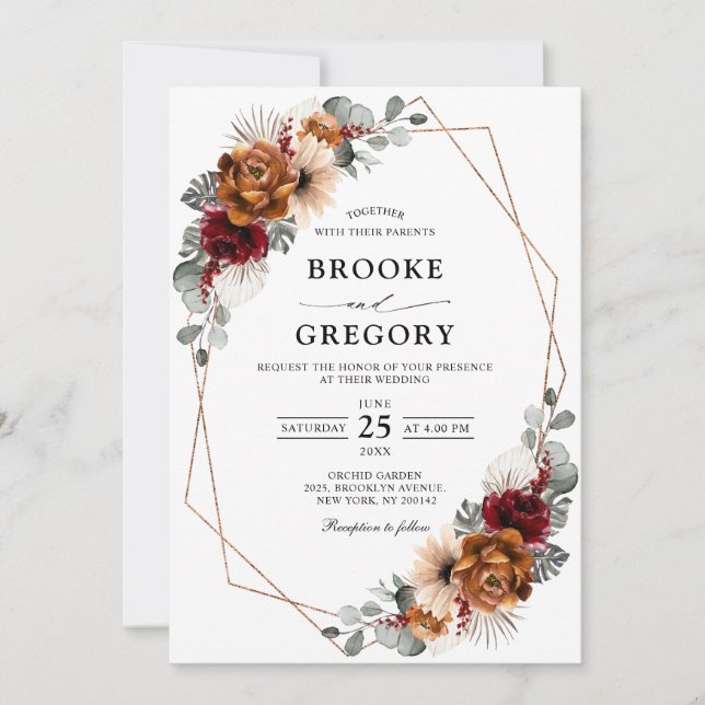 Terracotta Sage Burgundy Greenery Geometric Weddin Invitation (Front)
