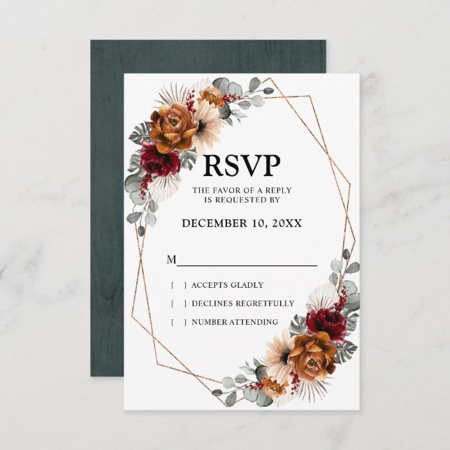 Terracotta Sage Burgundy Greenery Geometric Weddin RSVP Card (Front/Back)