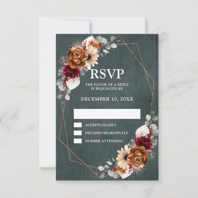 Terracotta Sage Burgundy Greenery Geometric Weddin RSVP Card (Front)