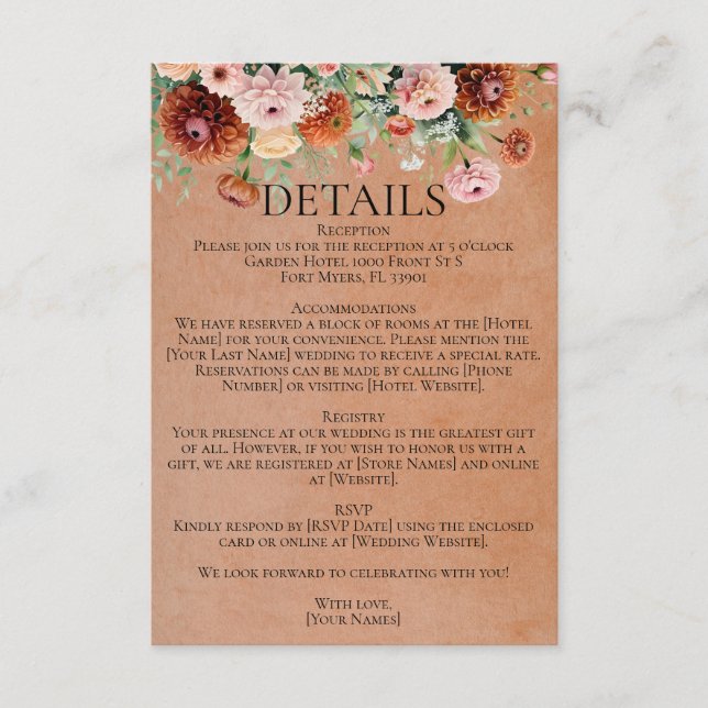 Terracotta Sage Green Blush Floral Wedding Details Enclosure Card (Front)