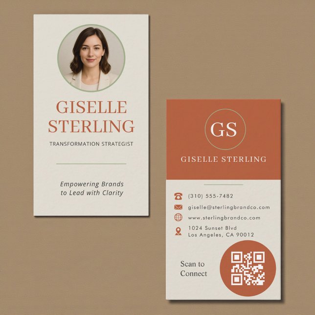 Terracotta Sage Green Photo QR Code Business Card (Creator Uploaded)