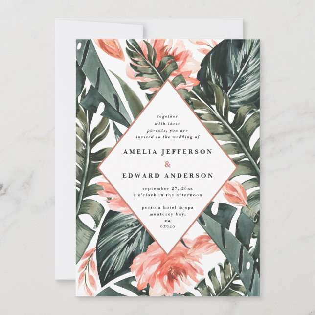 Terracotta sage green tropical foliage wedding (Front)