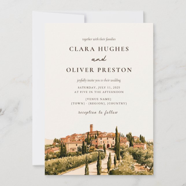 Terracotta Sage Script Tuscany Hill Town Wedding  Invitation (Front)