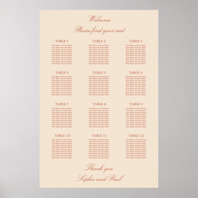 Terracotta Script 12 Table Wedding Seating Poster (Front)