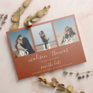 Terracotta Script 3 Photo Wedding Save The Date Magnetic Invitation