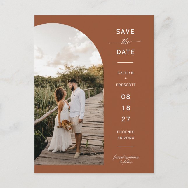 Terracotta Script Arch Photo QR Code Save the Date Postcard (Front)