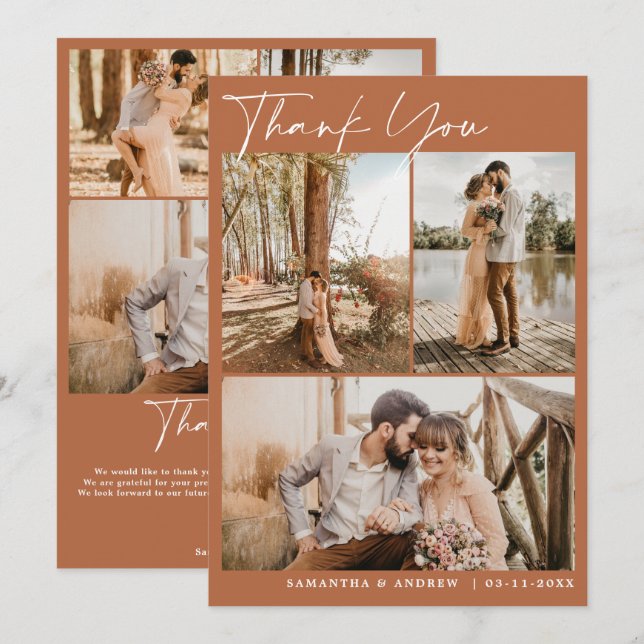 Terracotta script chic 6 photos wedding thank you (Front/Back)