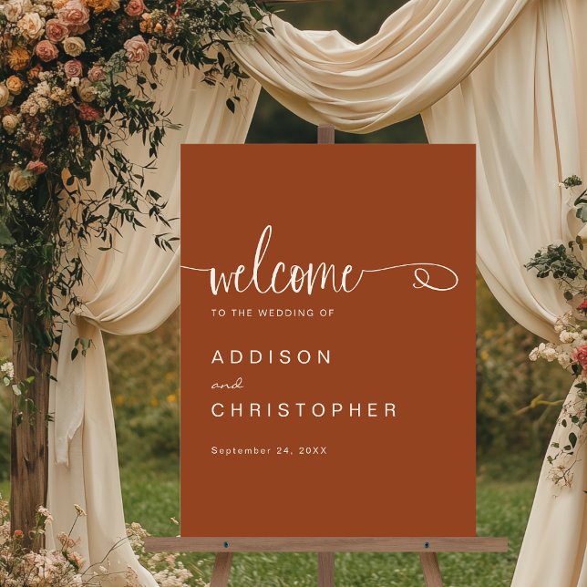 Terracotta Script Modern Minimal Wedding Welcome Acrylic Sign (Shown on an 18" x 36" acrylic sign)