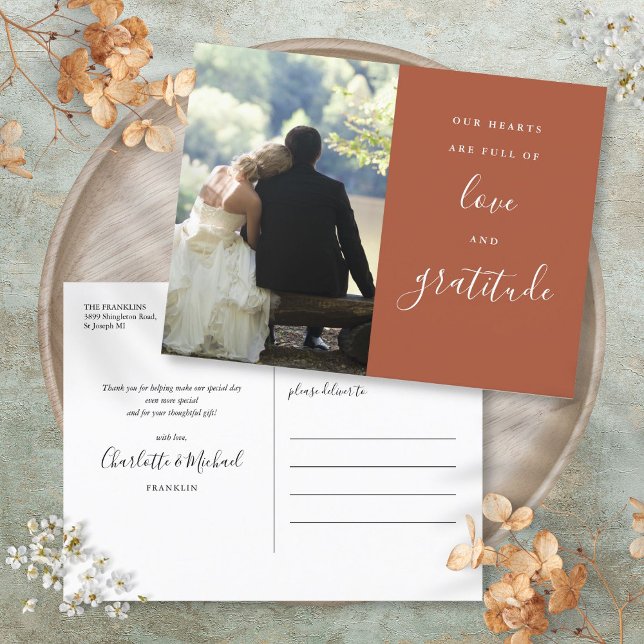 Terracotta Script Photo Wedding Thank You Postcard (Terracotta Script Photo Wedding Thank You Postcard)