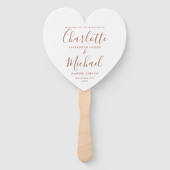 Terracotta Script Wedding Ceremony Heart Hand Fan (Front)