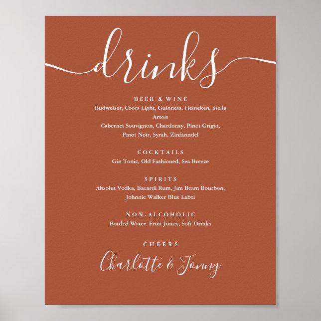Terracotta Signature Script Drinks Menu Sign (Front)