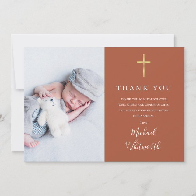 Terracotta Signature Script Photo Baptism  Thank You Card (Front)