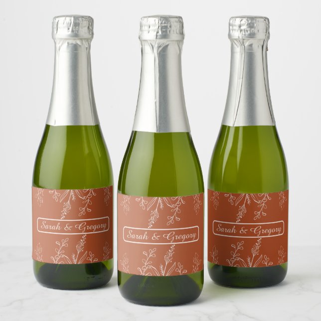 Terracotta Simple Boho Floral  Sparkling Wine Label (Bottles)